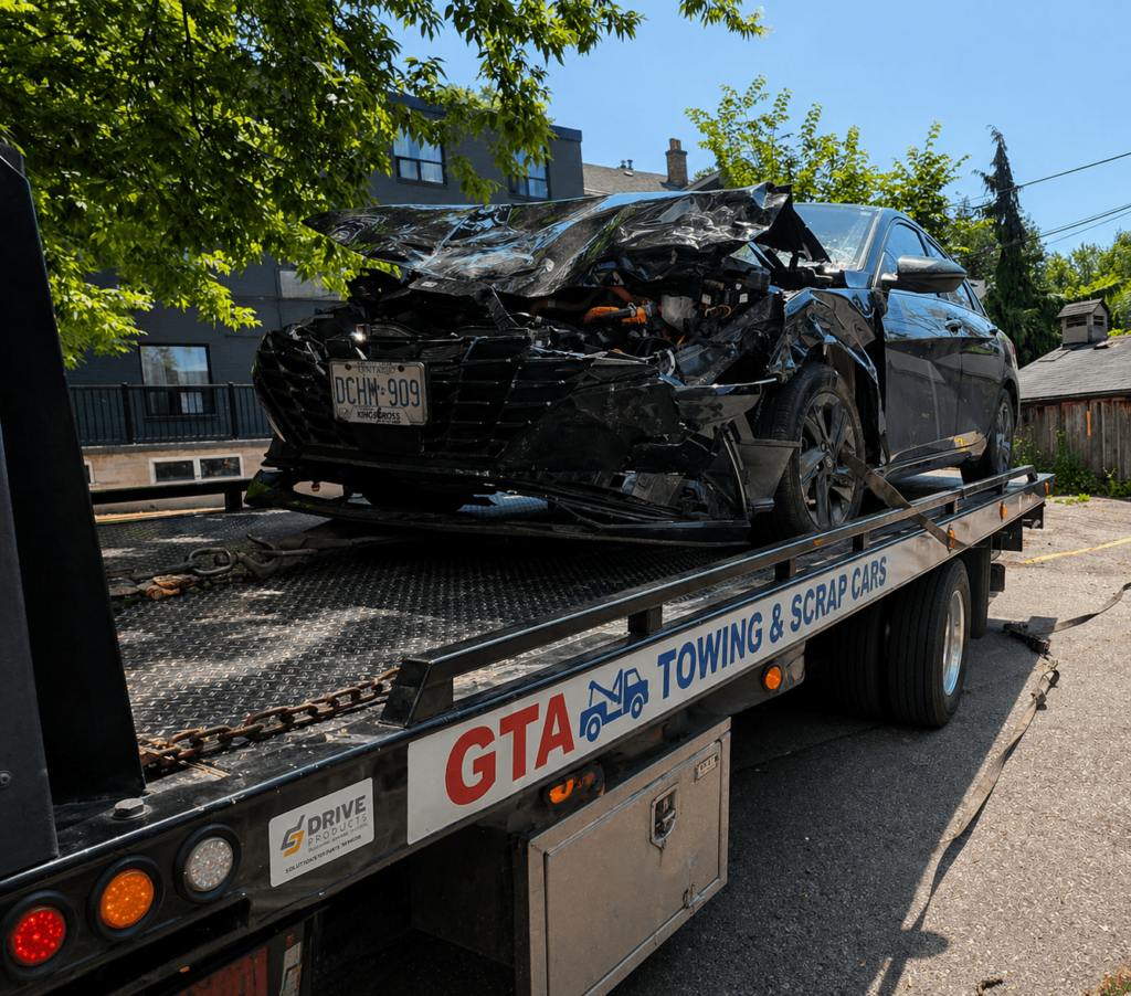 scrap car removal Ontario tow truck damaged car