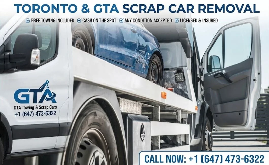 GTA Towing & Scrap Cars flatbed tow truck providing free scrap car removal services in Toronto, featuring a branded white truck bed loaded with a blue scrap car for eco-friendly auto recycling.