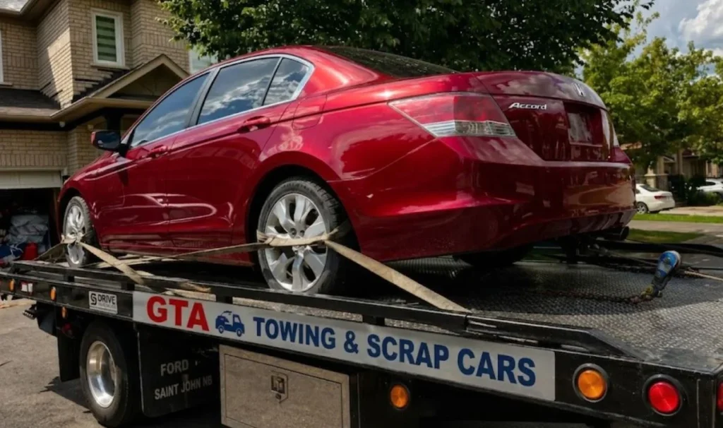 A side-profile shot of a red Honda Accord secured onto the back of a black flatbed tow truck with yellow tie-down straps over the rear tires. The truck features the text "GTA TOWING & SCRAP CARS" on its side. The scene is set in a residential driveway on a sunny day with trees in the background.A red Honda Accord secured on a flatbed truck for scrap car removal service provided by GTA Towing and Scrap Cars in the Greater Toronto Area.