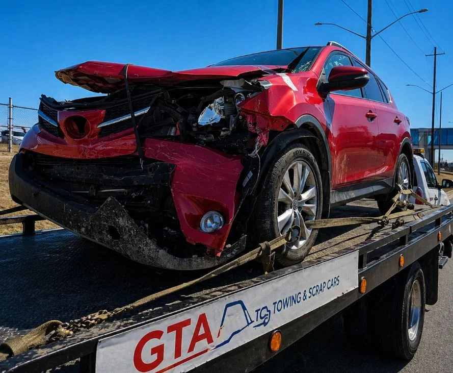 a red damage car  on the truck of GTA is going to junkyard for selling.Local Scrap Car Buyers