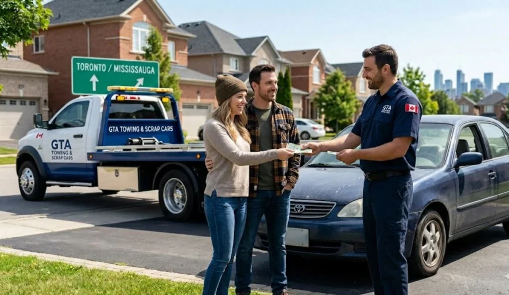A friendly local towing service professional handing cash to a couple for their scrap car in a residential driveway in the Greater Toronto Area, with a professional flatbed tow truck parked in the background.