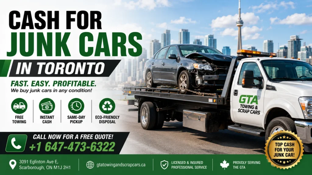 A professional tow truck driver performing a same-day junk car removal in Toronto from a residential driveway.cash for junk cars Toronto