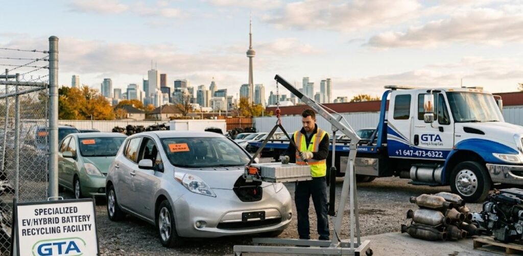 Do scrap car buyers in Toronto handle electric or hybrid vehicles? yes in the image a buyer looks at the scrap car .