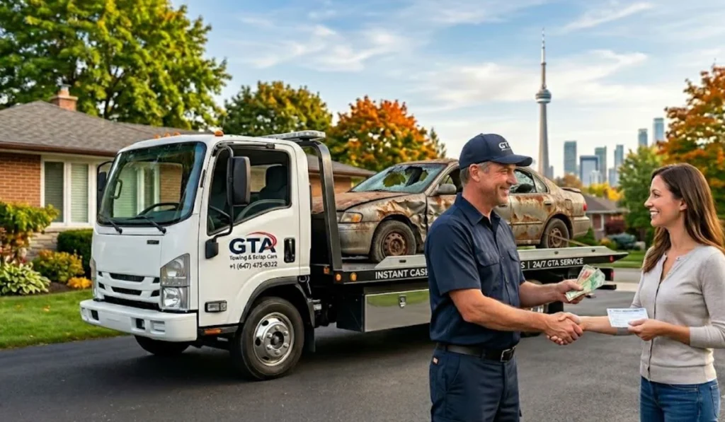 Professional GTA Towing & Scrap Cars driver handing cash to a customer for a rusty junk car removal in front of a Toronto home.