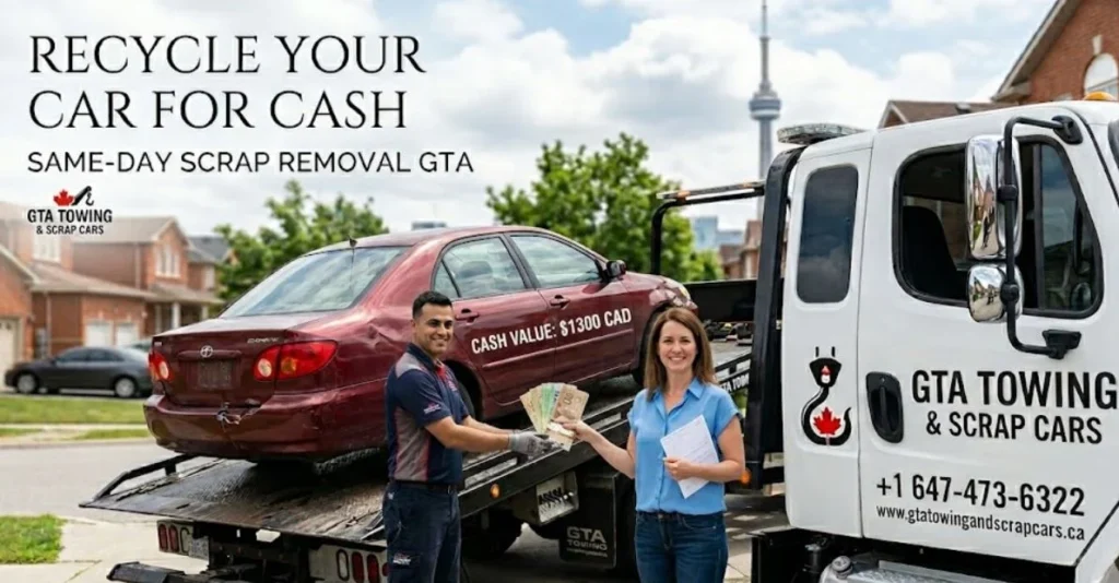 A white flatbed tow truck with 'GTA Towing & Scrap Cars' branding, including phone number and website, holds a red sedan with 'CASH VALUE: $1300 CAD' written on its side. In the foreground, a male operator in branded clothing hands a stack of Canadian cash to a smiling woman in a blue shirt who holds paperwork. The background shows a Toronto neighborhood with the CN Tower visible. The image emphasizes the opportunity for customers to recycle your car for cash.