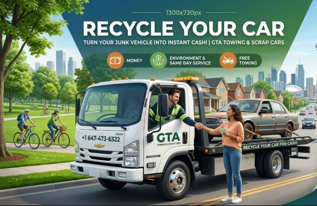 A GTA Towing & Scrap Cars flatbed tow truck with a driver handing cash to a customer in exchange for a junk vehicle, with the Toronto skyline and a green park in the background. Features the text "Recycle Your Car.