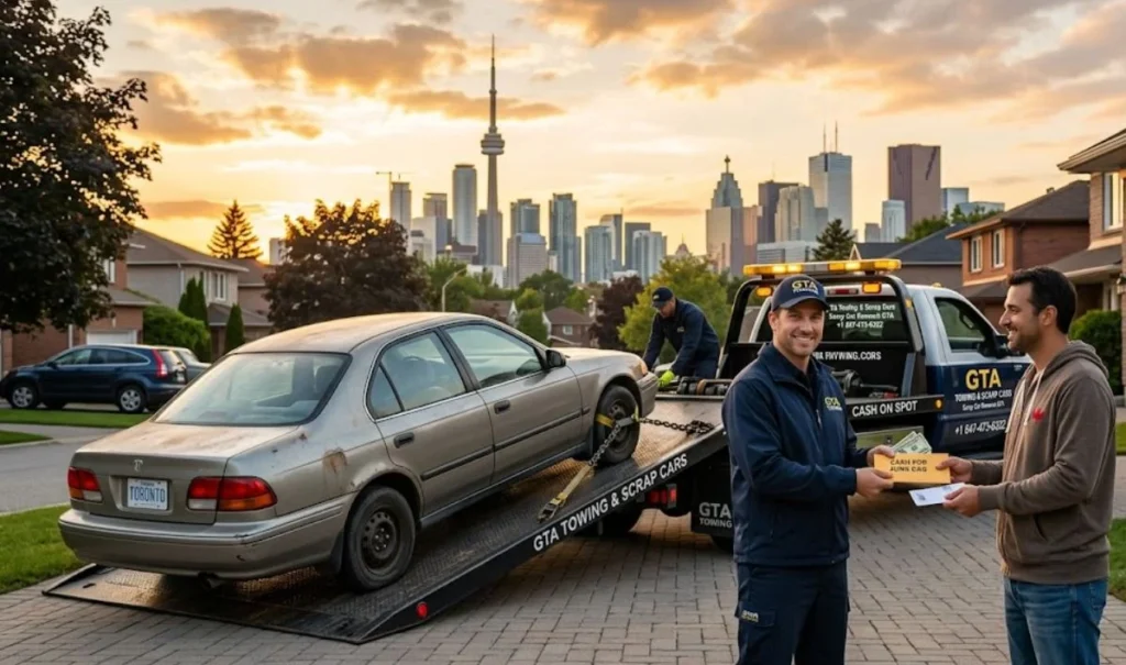 Tow truck loading a scrap car with the Toronto skyline in the background.