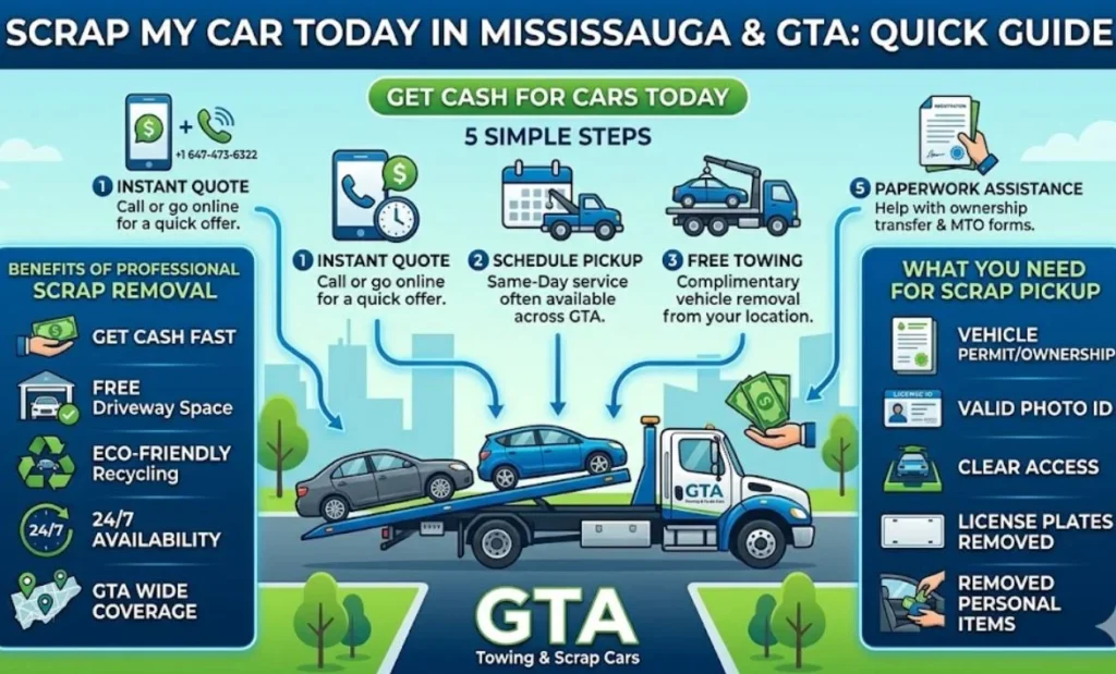 Infographic showing the 5-step process for scrap car removal in Mississauga and the GTA, highlighting benefits and required documents for scrap vehicle pickup.