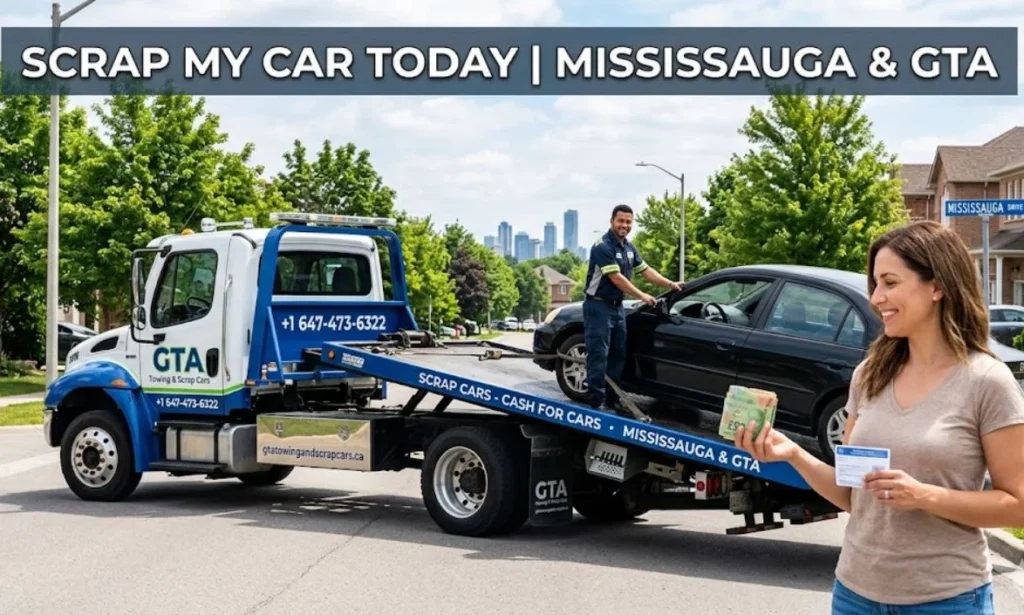 Alt Text: Professional tow truck driver performing a same-day scrap car pickup in a suburban Mississauga neighborhood, with a happy customer holding cash for her junk vehicle.