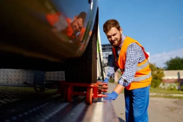Professional tow truck operator securing a vehicle for transport at a dealership in the GTA.