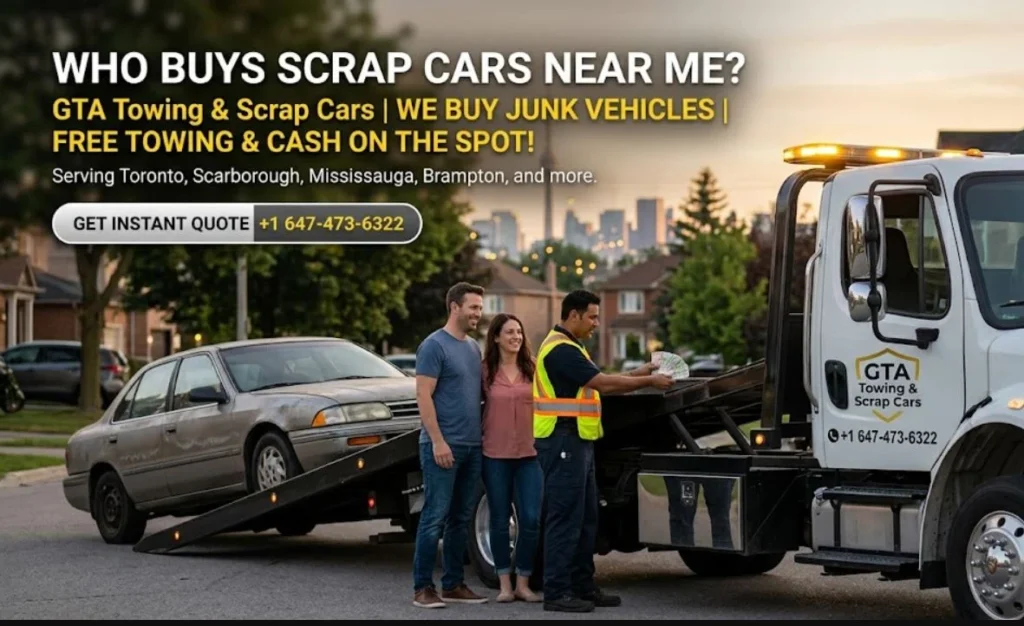 A friendly GTA Towing & Scrap Cars professional in a safety vest hands cash to a happy couple next to a tow truck, with a suburban GTA neighbourhood and the Toronto skyline in the background, promoting scrap car removal services.