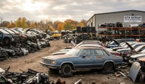 Silver classic sedan parked outdoors with scrap car yard and urban background in Toronto