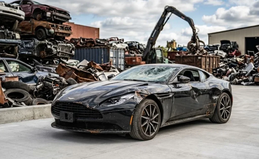 Damaged luxury electric car at a GTA scrap yard ready for auto recycling in Ontario.