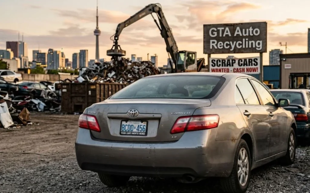 An old silver Toyota Camry parked in an Ontario scrap yard with the Toronto skyline, CN Tower, and a GTA Auto Recycling crane in the background.