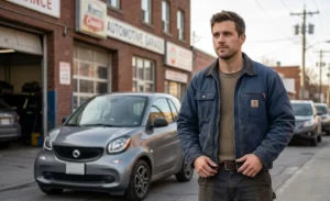 a photo-realistic street portrait that focuses entirely on the real man. While I've maintained the context of a technician or modern auto professional (referencing the demeanor in the previous image), this scene places him in a candid, natural city environment, completely removing the high-tech holograms and cleanroom aesthetic.