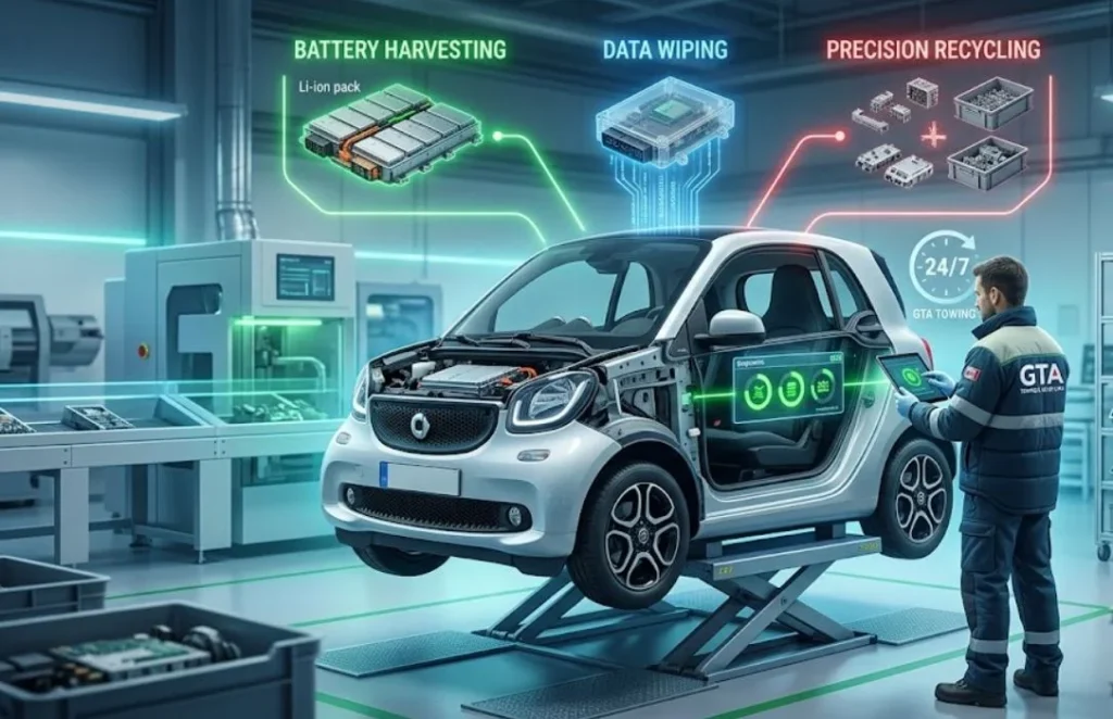 The image accurately reflects the specialized, high-tech nature of the modern recycling process discussed. It features a Smart Fortwo on a precise lift within a clean, innovative facility. I have included subtle visual cues: a tablet screen shows green 'data clear' progress icons, emphasizing the data sanitization aspect, while the exposed powertrain illustrates the challenge of handling electric components. A technician wearing safety gear—and a subtle logo inspired by the 'GTA Towing' brand identity—is managing the process.
